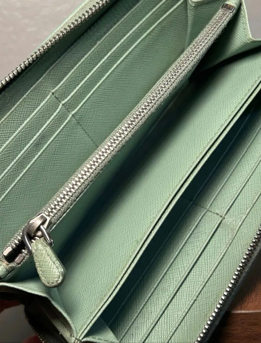 Prada Zip Around Saffiano Leather Long Wallet Green Travel Silver Logo Accent